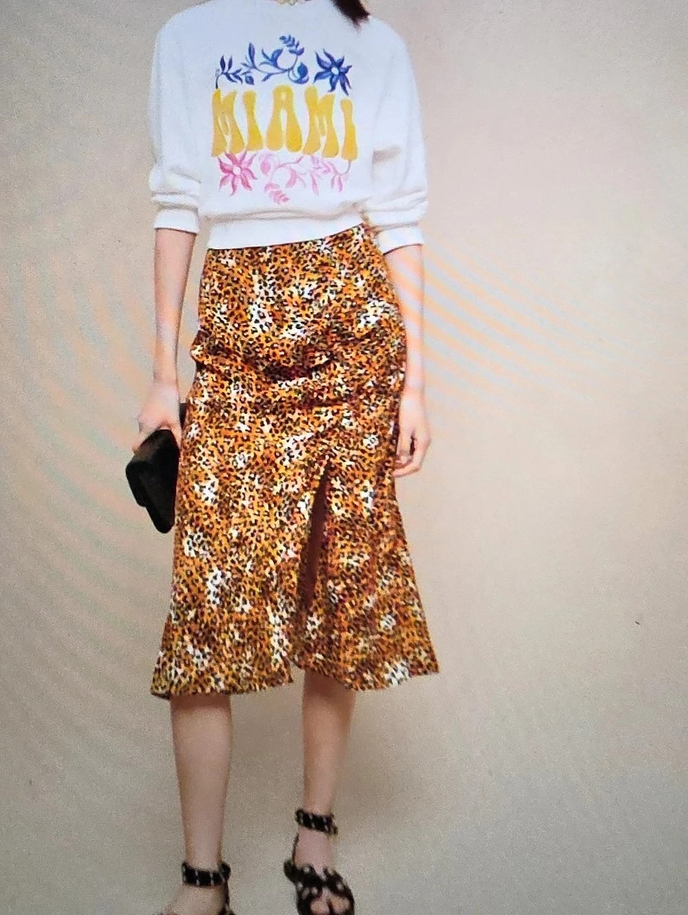 Maje Animal Print Midi Skirt Orange & Black Size  L